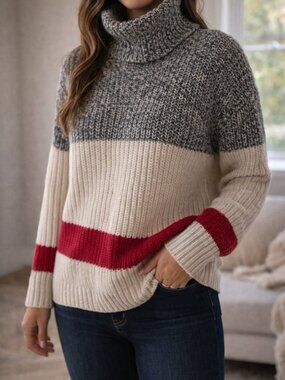 $98 Roots Cabin Chunky Knit Turtleneck Sweater Colorblock S